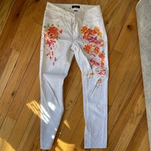 Unique Flower Painted White Jeans